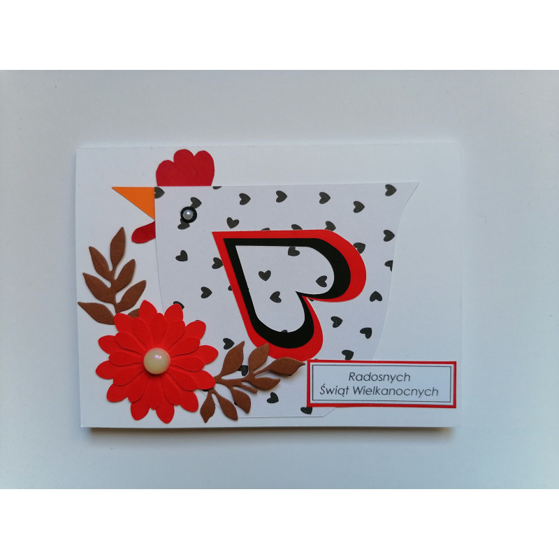 Kartki świąteczne wielkanocne z czarno czerwoną kurką handmade